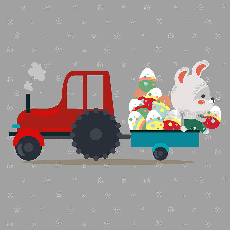 复活节兔子驾驶卡车，装饰彩蛋猎人可爱的白兔汽车司机狩猎，节日快乐矢量贺卡，春天野兔孤立插图