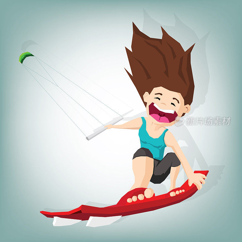 运动妇女驾驶风筝冲浪与空气风筝在热带海洋的夏天。矢量平面运动概念卡通人物插图设计