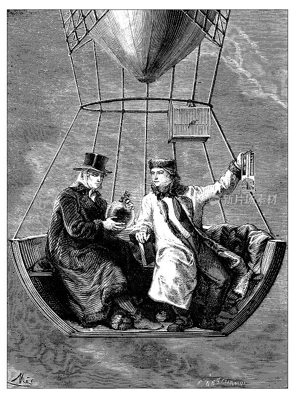 科学发现的古董插图，浮空器:盖吕萨克和比奥的实验