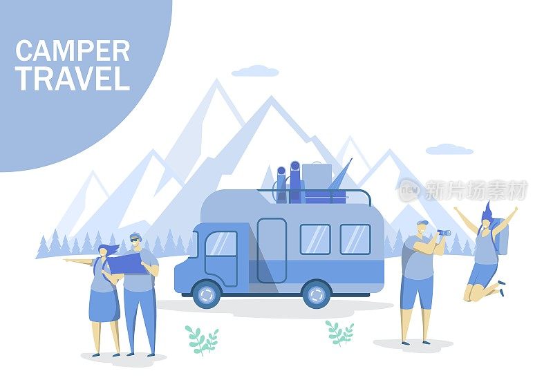 露营者旅行矢量概念的网站横幅，网页