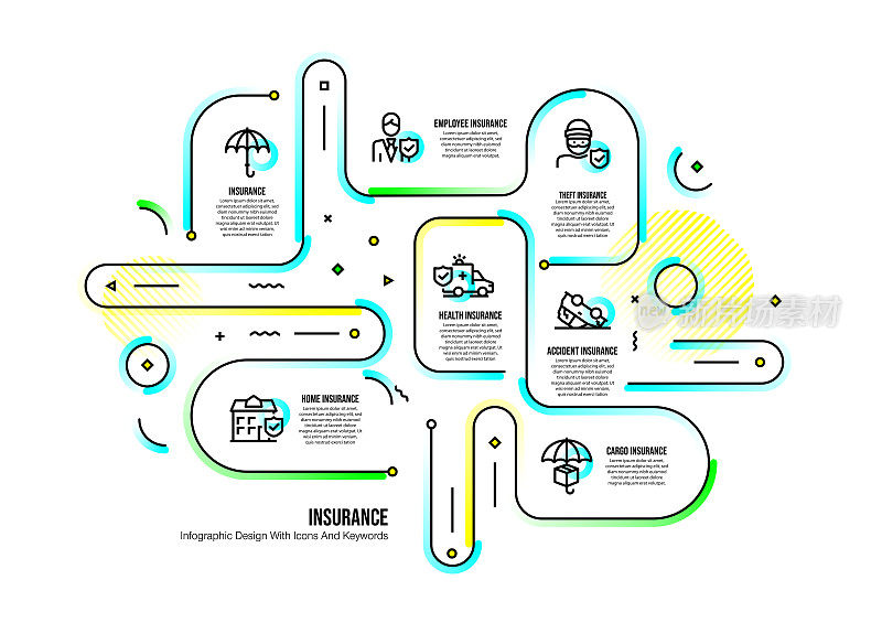 信息图表设计模板与保险关键字和图标