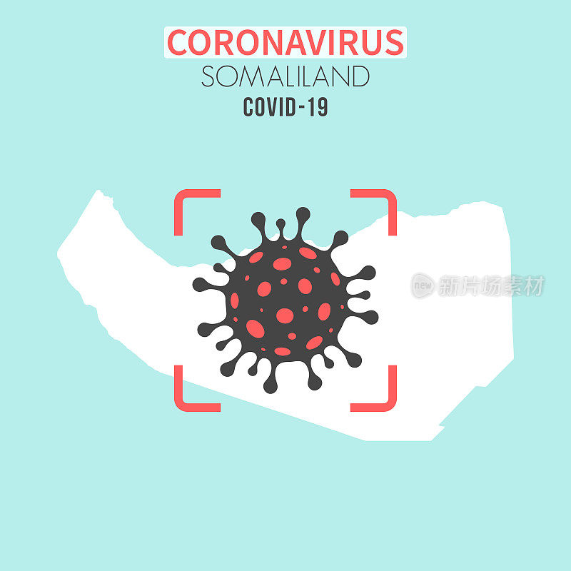索马里兰地图，红色取景器中有冠状病毒细胞(COVID-19)