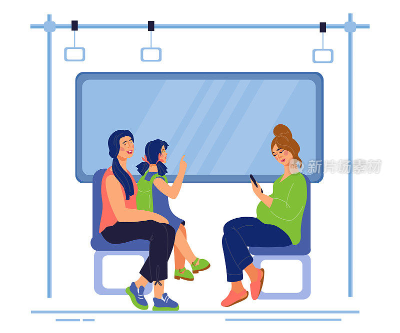 地铁或城郊火车上的乘客们坐在那里看着窗户。