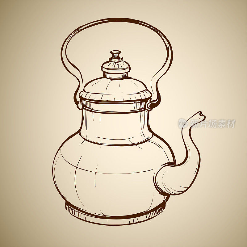 一个东方茶壶在高的架子上的程式化的插图