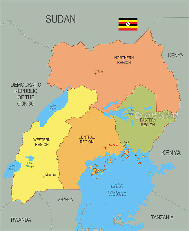 带有旗帜的乌干达平面地图