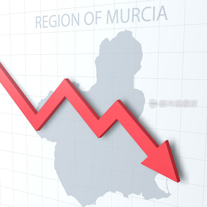 下落的红色箭头与穆尔西亚地区的地图在背景