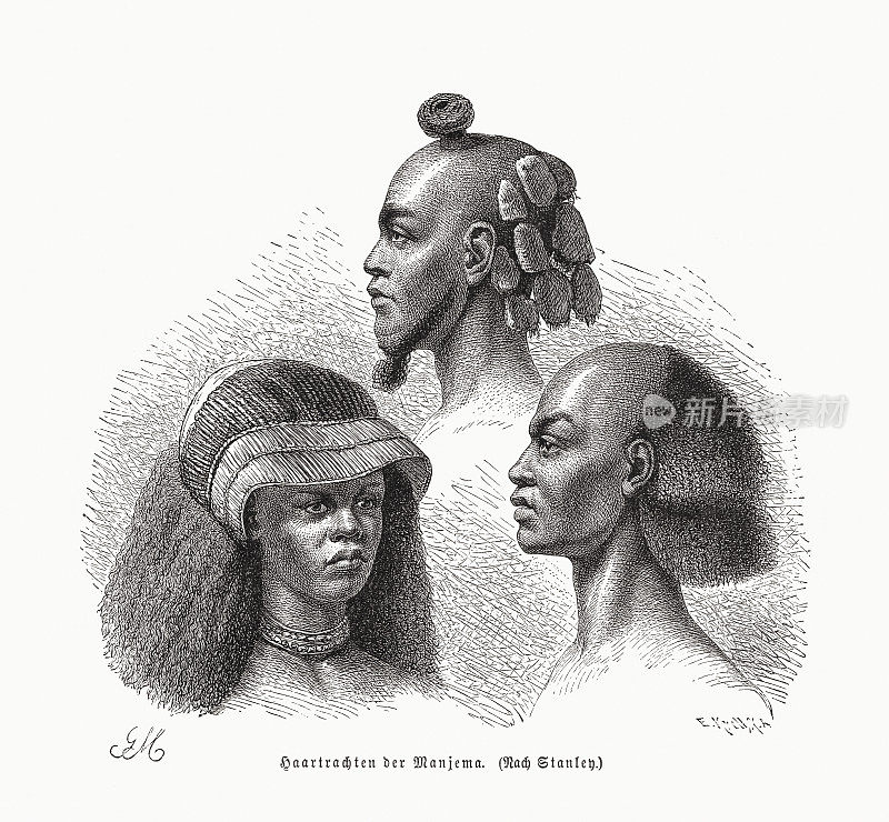 曼杰拉(坦桑尼亚)的发型，木刻，1891年出版