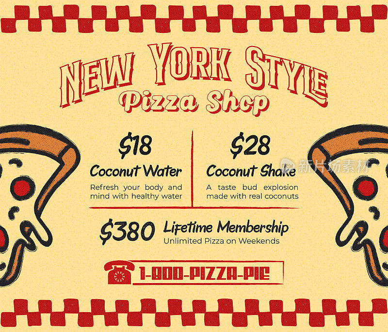 复古纽约风格披萨促销菜单的披萨餐厅或复古小酒馆辣香肠披萨片