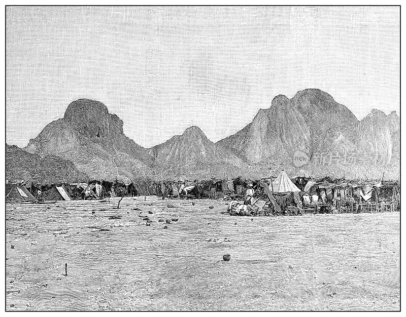 第一次意大利-埃塞俄比亚战争(1895-1896)的古董插图:卡萨拉营地