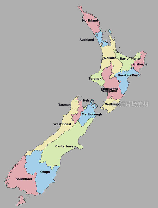 高度详细的政治新西兰地图