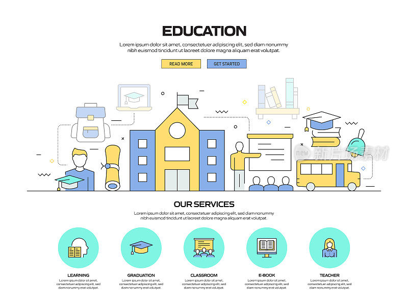 教育和学校相关的现代线条风格矢量插图