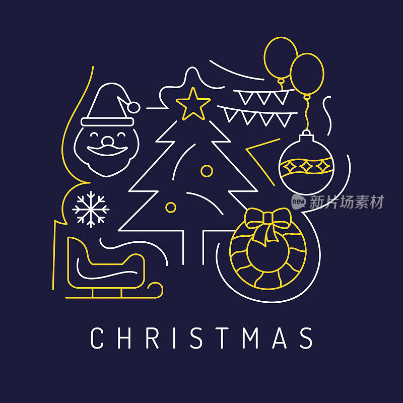 圣诞和新年相关的现代线条艺术图标背景。线性风格矢量插图。