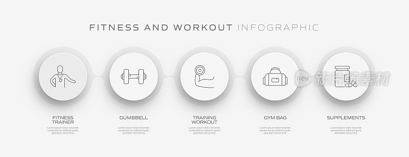 健身和锻炼相关的过程信息图表模板。过程时间图。使用线性图标的工作流布局