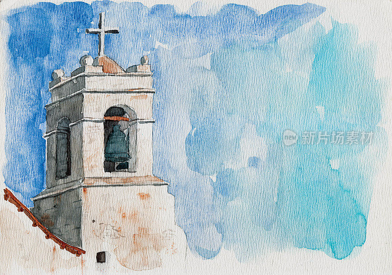 阿塔卡马圣佩德罗的带有钟和十字架的小教堂钟楼。智利北部安第斯高地上的一个可爱的旅游村庄。水彩画。