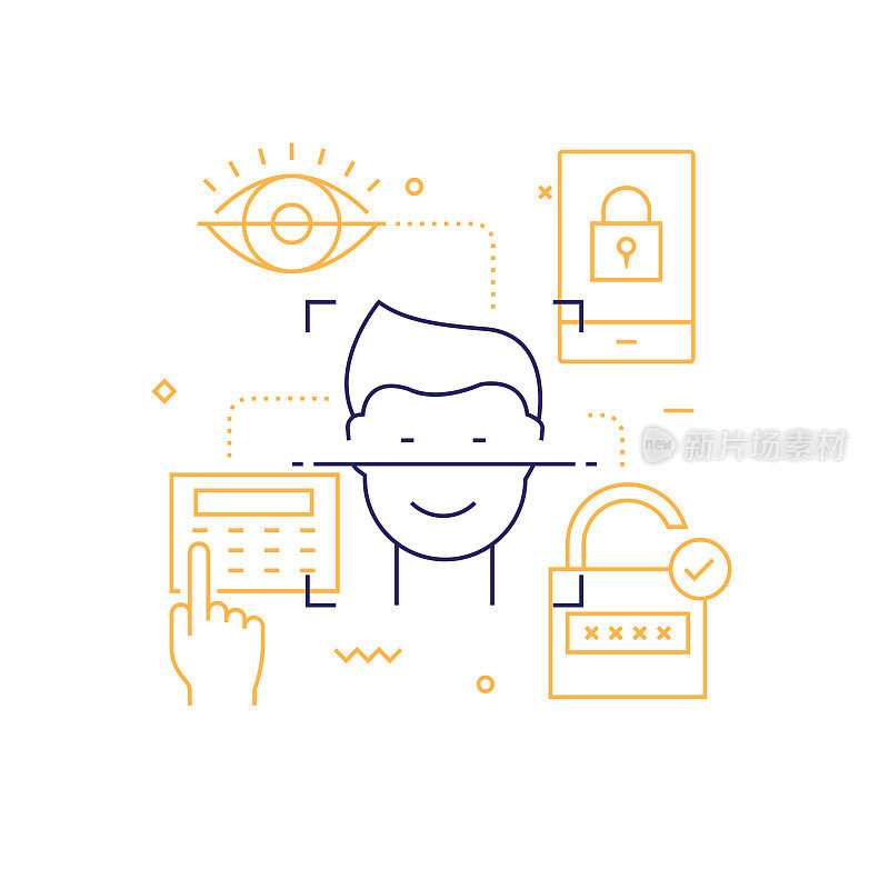 网络安全、数据安全相关线路图标。矢量轮廓符号插图。