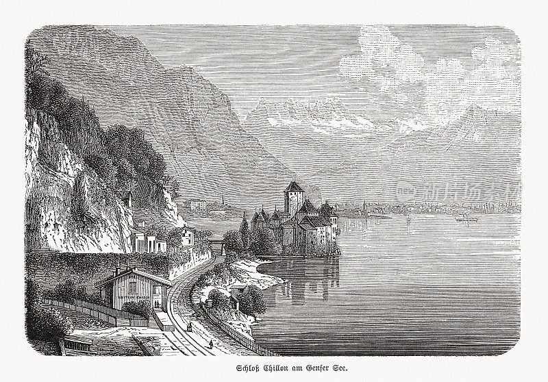 奇伦城堡的历史视图，日内瓦湖，瑞士，木刻，1893