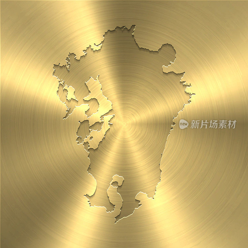 九州地图上的金色背景-圆形拉丝金属纹理