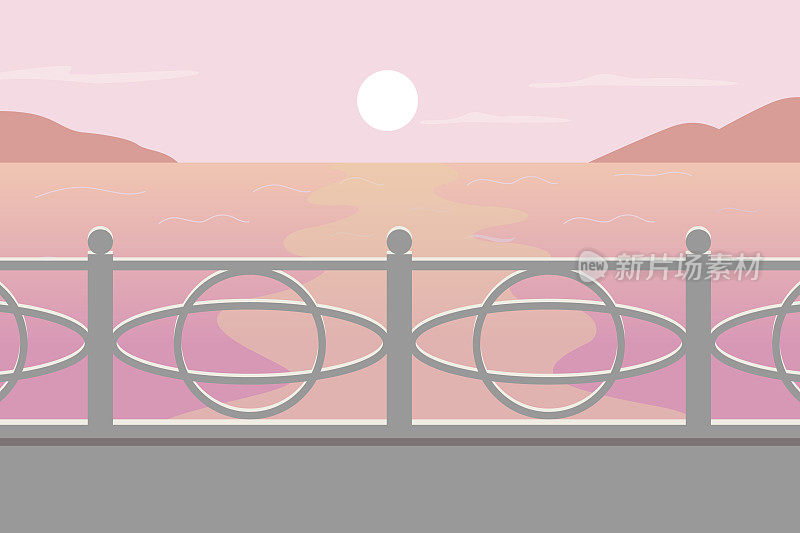 日落在海景平面颜色矢量插图