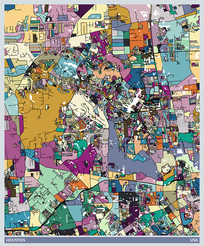艺术插画风格地图，休斯顿市，美国