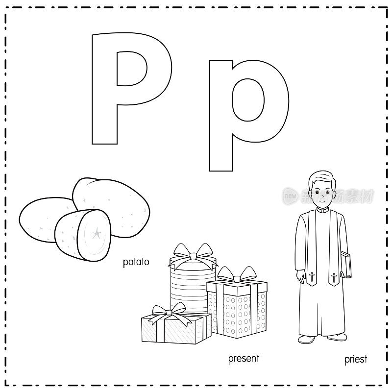 向量插图学习字母P的小写和大写的儿童与3卡通图像。土豆现在的牧师。