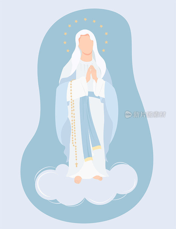 最神圣的狄奥托科，天堂的女王。圣母玛利亚穿着蓝色的马佛利亚服，在云端用念珠温柔地祈祷。矢量插图为基督教和天主教社区，设计的宗教节日