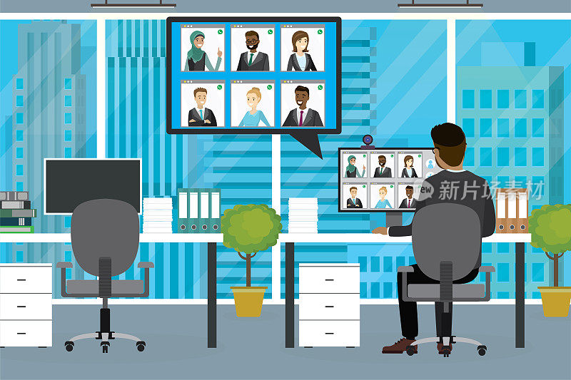 集团视频会议。现代办公室内部。商人坐在工作场所，后视镜。远程谈判，视频通话。