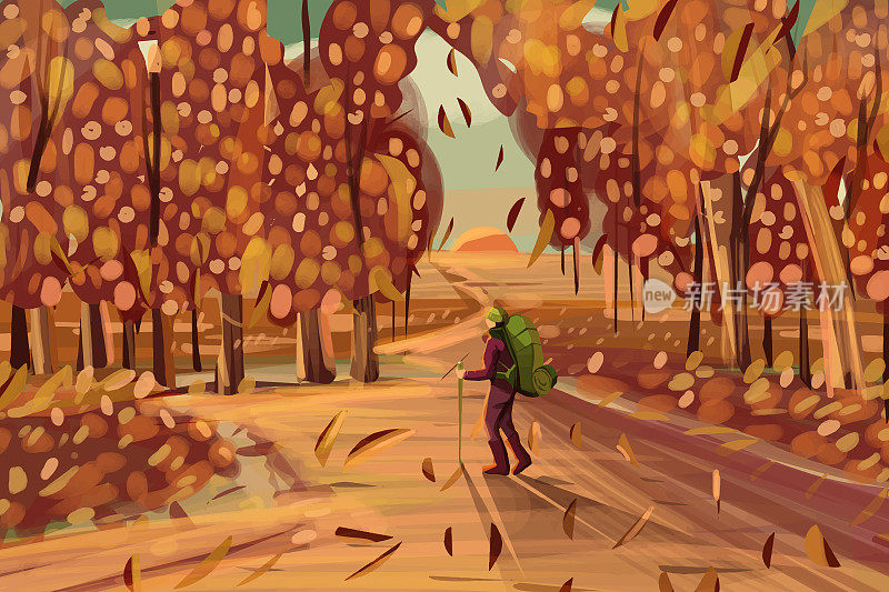 年轻人在秋天的森林里徒步旅行