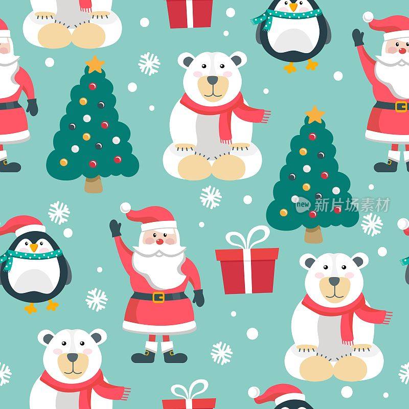 圣诞图案有圣诞树，礼物有小鹿和雪人。圣诞节和新年的概念。矢量插图在一个平坦的风格。