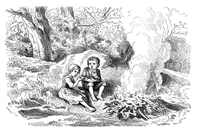 童话故事汉塞尔和格莱托孤独地在森林中绘画1869年