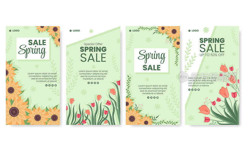 春天销售与花的故事模板平面插图编辑广场背景的社交媒体或贺卡