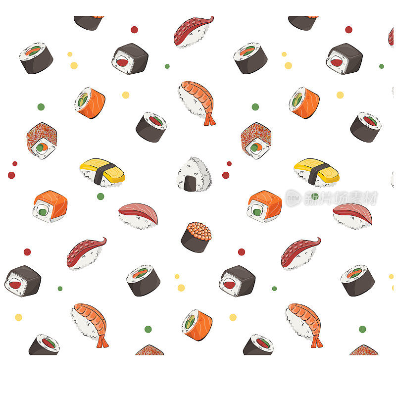 日本料理,食物。矢量模式平面插图孤立在白色背景。寿司卷饭团酱集无缝图案。股票的照片。用于餐厅菜单和海报。交付