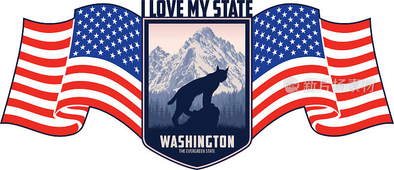 华盛顿矢量标签与加拿大山猫和北卡斯卡德国家公园和美国国旗