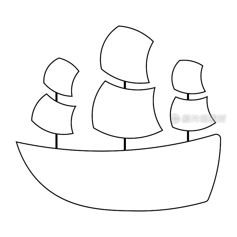 船和帆。绘制黑白插图