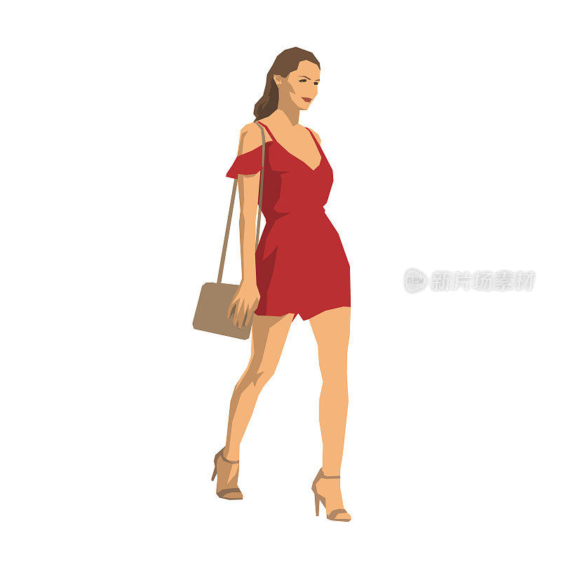 性感的女人在红色夏装走手提包，孤立的几何矢量插图