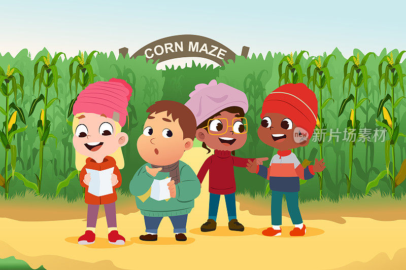 儿童阅读地图在玉米迷宫在秋季矢量插图