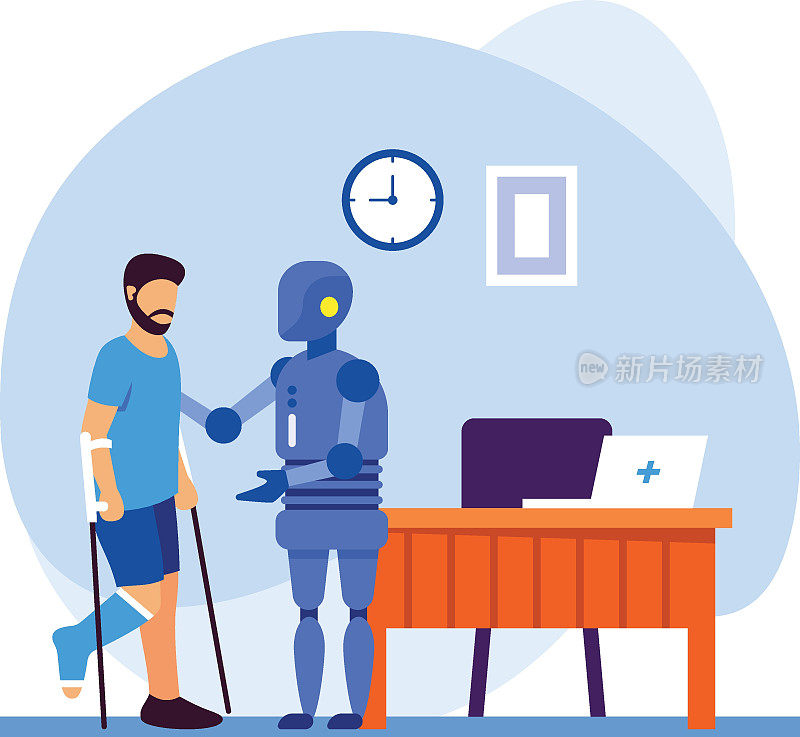 机器人物理治疗师帮助人们中风后再次行走概念矢量图标设计，机器人医学符号，医疗保健场景标志，创新人工智能工程在现代诊所
