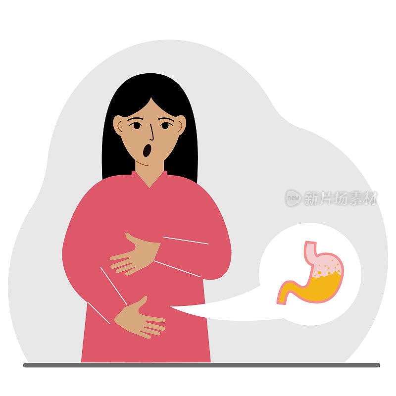 腹部疼痛的概念。女人用双手抱住他的肚子。胃部或消化系统有问题。
