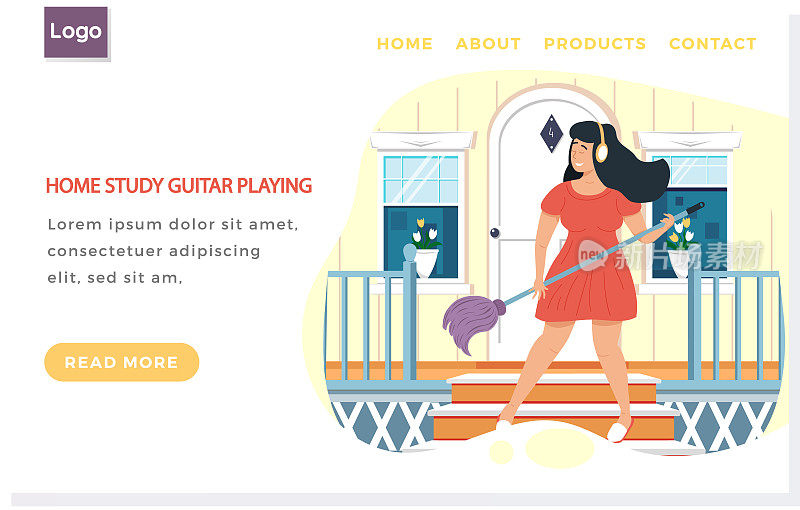 网站家用吉他演奏。女孩戴着耳机唱歌，想象着自家门口的吉他