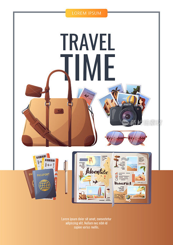 传单设计与旅行袋，护照和机票，相机和旅行日志。