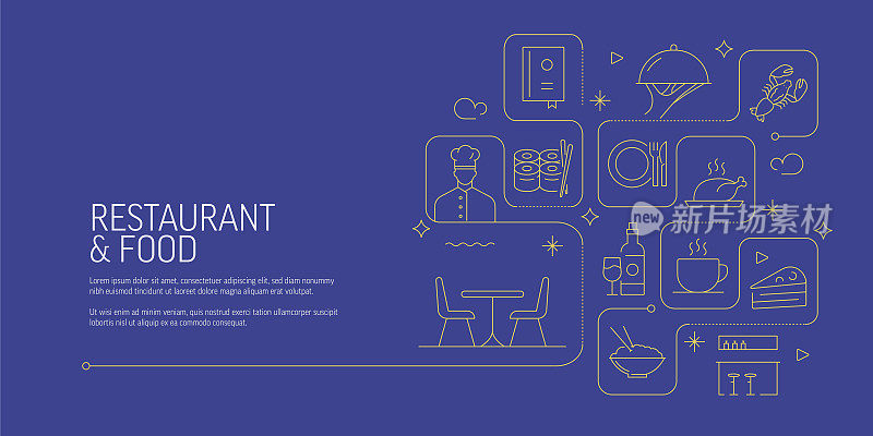 餐厅和食品相关矢量横幅设计概念，现代线条风格与图标