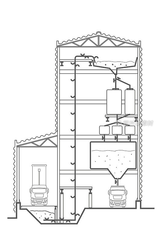 线性建筑素描工厂部分与电梯在白色背景