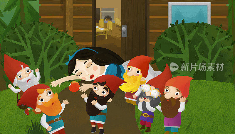 卡通场景与小矮人和公主附近的房子插图儿童的卡通场景与小矮人和公主附近的房子插图