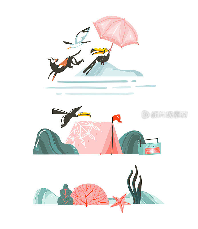 手绘矢量抽象图形卡通夏季时间平面插图边界集合设置海滩场景与露营帐篷，狗，巨嘴鸟和伞孤立在白色背景