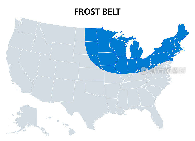 美国霜冻地带，地区在东北，政治地图