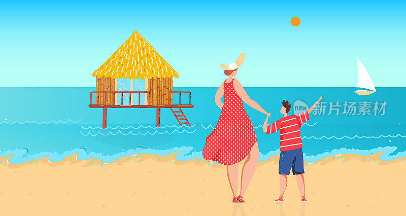 家庭靠近海水，矢量插图。扁女人男孩性格在海边休息，妈妈儿子孩子在暑假，看高跷屋
