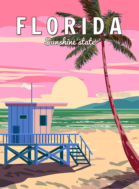 复古海报佛罗里达南海滩。救生屋在海滩，棕榈，海岸，冲浪，海洋。矢量图的
