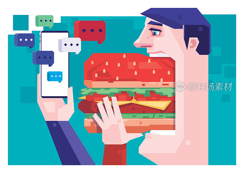 一名男子一边吃汉堡包，一边查看智能手机上的信息