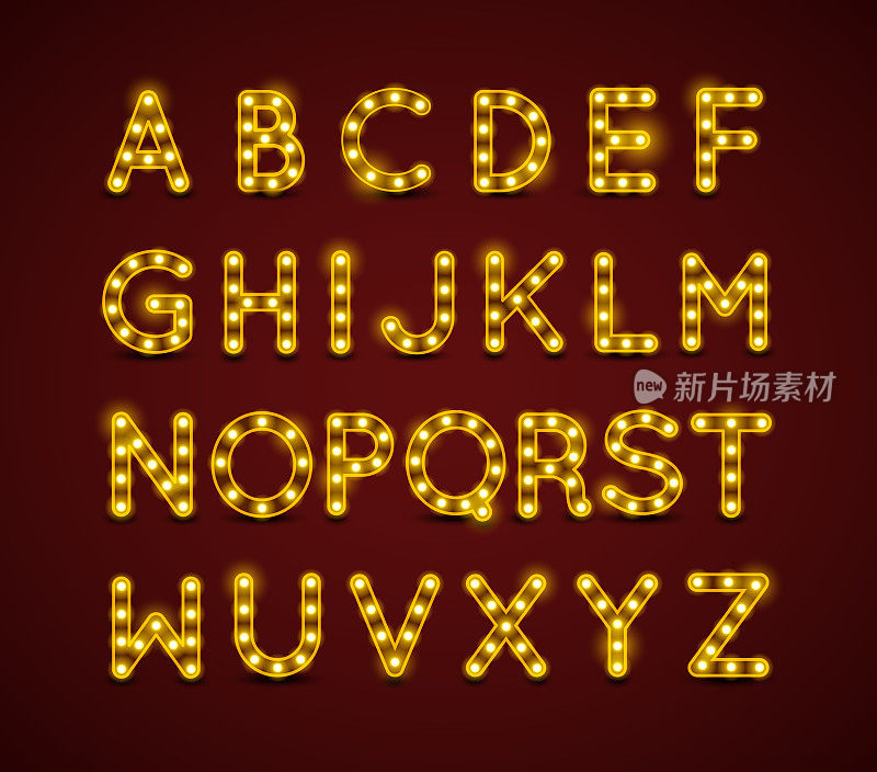 灯泡字母与金框架上暗红色的背景。