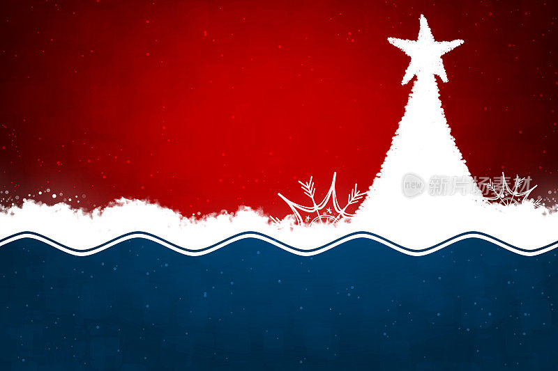 一个三维圣诞树的水平背景与弯曲之字形白色波浪线划分框架为午夜海军蓝和深红或栗色分区,对比色如窗帘褶边或边界的波浪图案与雪花