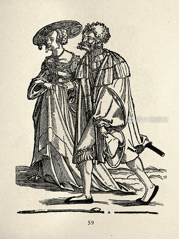 16世纪德国历史服装的夫妇，穿着带帽子的连衣裙，紧身上衣和马裤